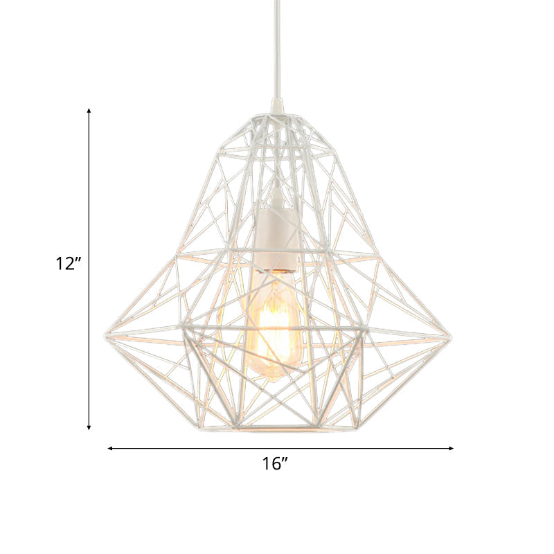 Metallic Industrial Cage Diamond Pendant Lighting - Black/White 1 Head For Dining Room 16’/19.5’ Dia