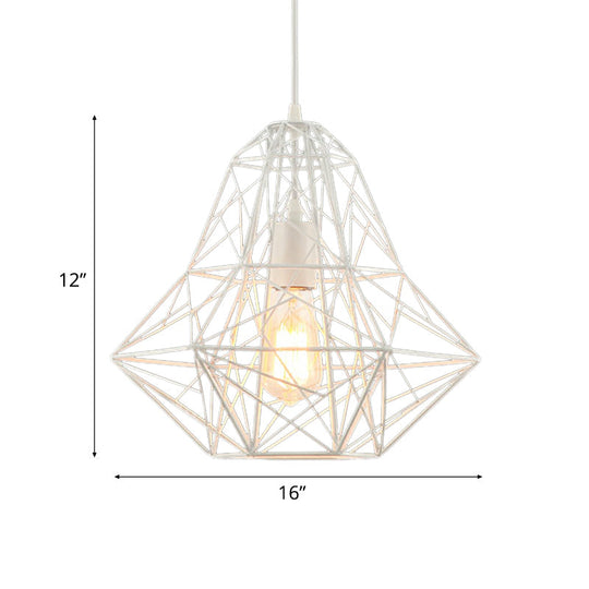 Metallic Industrial Cage Diamond Pendant Lighting - Black/White 1 Head For Dining Room 16’/19.5’ Dia