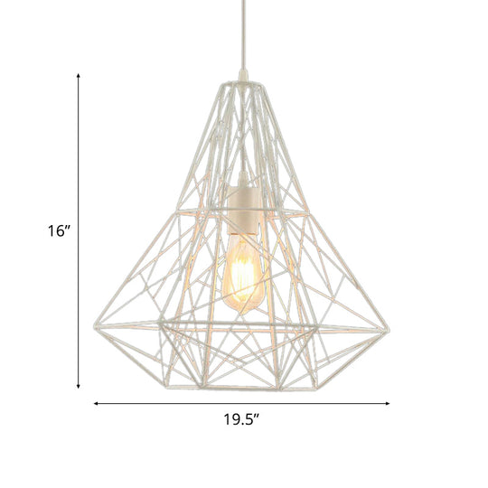 Metallic Industrial Cage Diamond Pendant Lighting - Black/White 1 Head For Dining Room 16’/19.5’ Dia