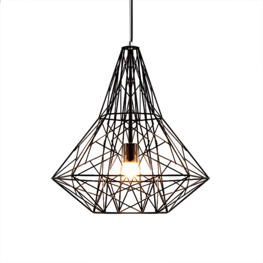 Metallic Industrial Cage Diamond Pendant Lighting - Black/White 1 Head For Dining Room 16’/19.5’ Dia