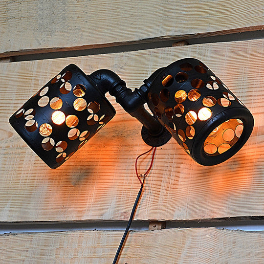 Cylinder Outdoor Wall Sconce - Antiqued Iron 2 Heads Black Finish With Hollow Out Design