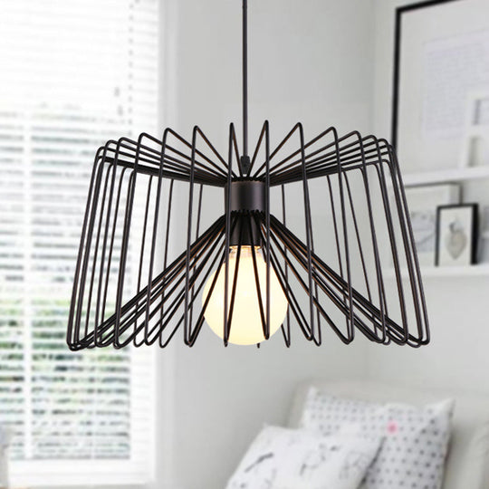 Industrial Metal Hanging Lamp With Adjustable Cord - Black/White Cage Shade Living Room Ceiling
