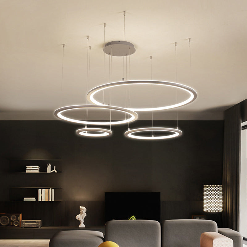 Modern White/Grey Circular Chandelier - 3/4 Lights Acrylic Led Pendant Lamp In White/Warm Light