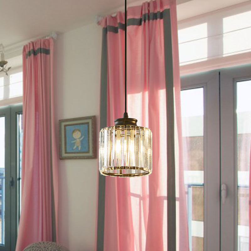 Modern Black Drum Pendant Light With Clear Crystal Ceiling Hang Fixture For Living Room
