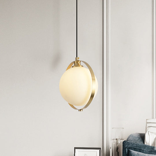 Sleek White Frosted Glass Pendant Light With Brass Ring - Modern Bedside Ceiling Lamp
