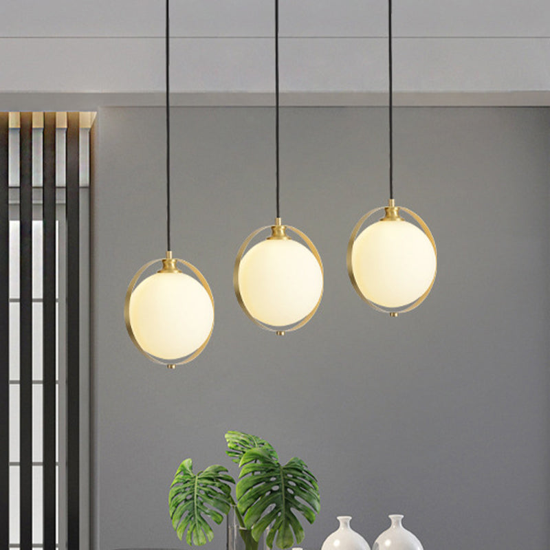 Sleek White Frosted Glass Pendant Light With Brass Ring - Modern Bedside Ceiling Lamp