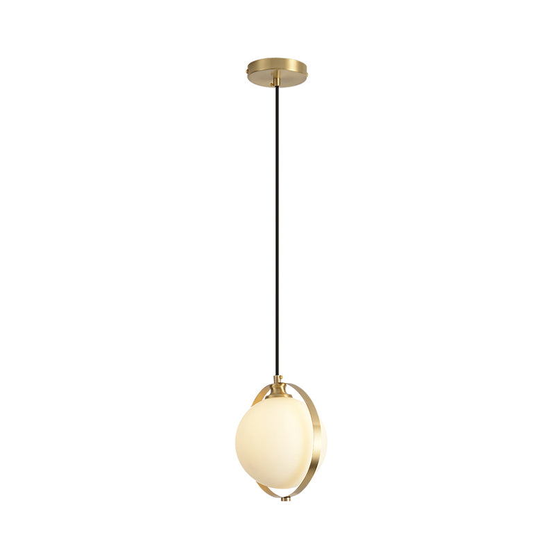 Simple White Frosted Glass Pendant Light With Brass Ring - Global Suspended Lamp For Bedside Or