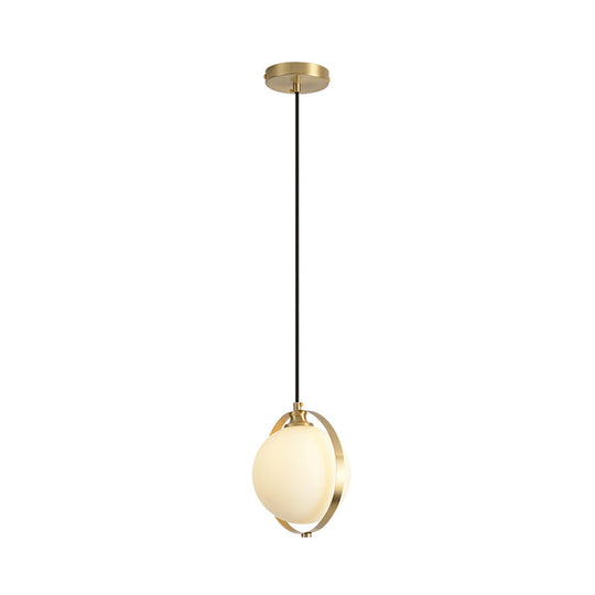 Simple White Frosted Glass Pendant Light With Brass Ring - Global Suspended Lamp For Bedside Or