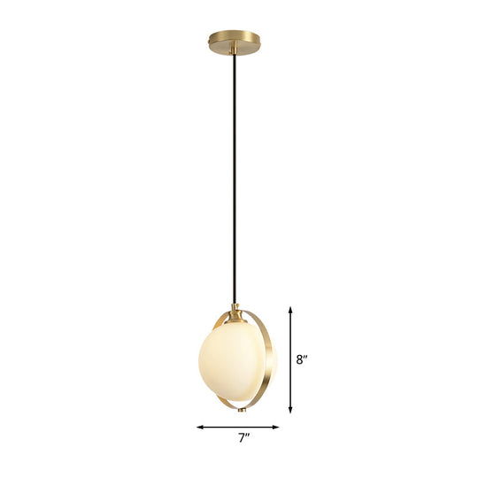 Sleek White Frosted Glass Pendant Light With Brass Ring - Modern Bedside Ceiling Lamp