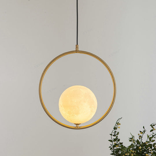 Contemporary Frosted White Glass Globe Pendant Light - Gold Ceiling Lamp With Metal Ring