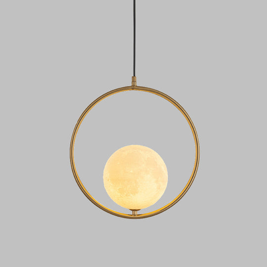 Contemporary Frosted White Glass Globe Pendant Light - Gold Ceiling Lamp With Metal Ring