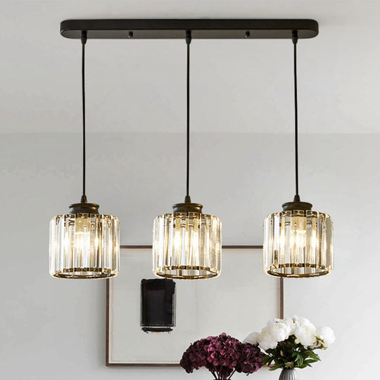 Modernist Drum Crystal Multi-Light Pendant - 3 Lights Black Ceiling Hanging Fixture With