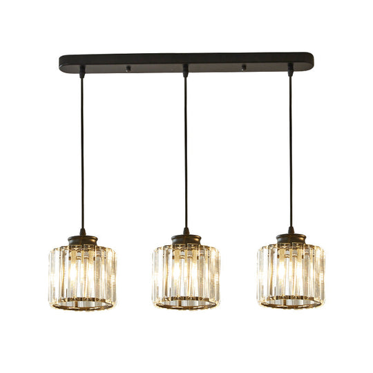 Modernist Drum Crystal Multi-Light Pendant - 3 Lights Black Ceiling Fixture With Linear/Round Canopy