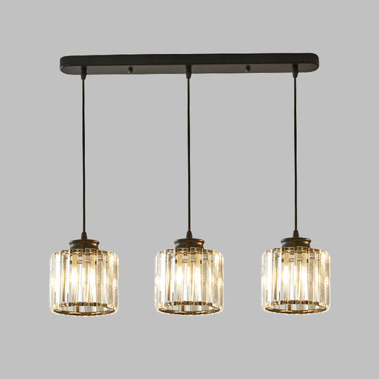 Modernist Drum Crystal Multi-Light Pendant - 3 Lights Black Ceiling Hanging Fixture With