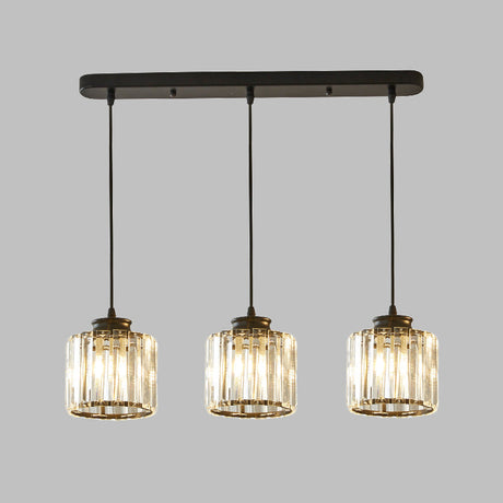 Modernist Drum Crystal Multi-Light Pendant - 3 Lights Black Ceiling Fixture With Linear/Round Canopy