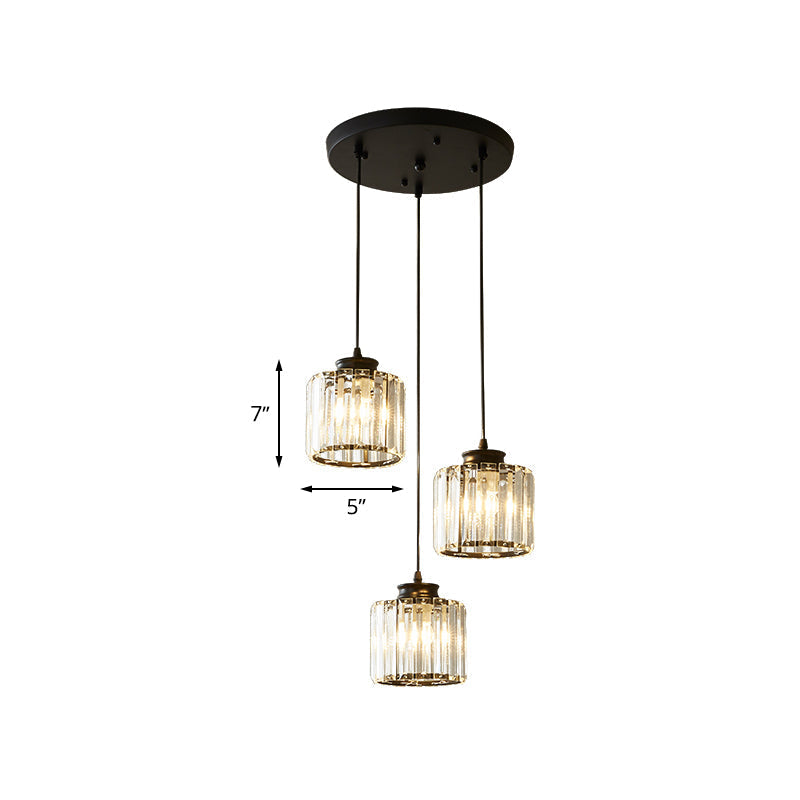 Modernist Drum Crystal Multi-Light Pendant - 3 Lights Black Ceiling Fixture With Linear/Round Canopy