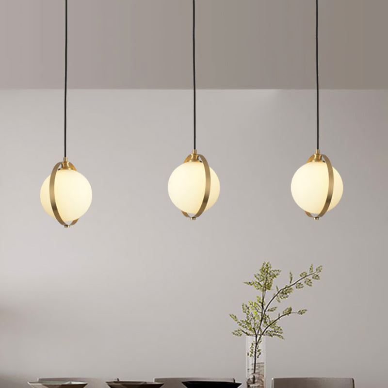 Modern Opal Glass Ball Suspension Pendant Lamp With 3 Heads In Gold