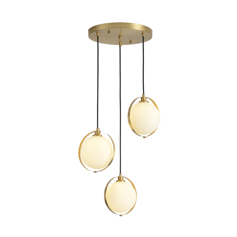Modern Opal Glass Cluster Pendant Light With 3 Gold Heads & Canopy