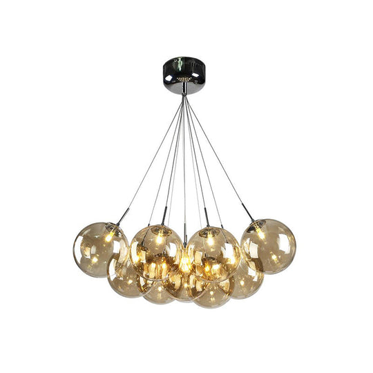 Modern 10-Light Chrome Led Ceiling Lamp For Living Room With Amber Glass Shades