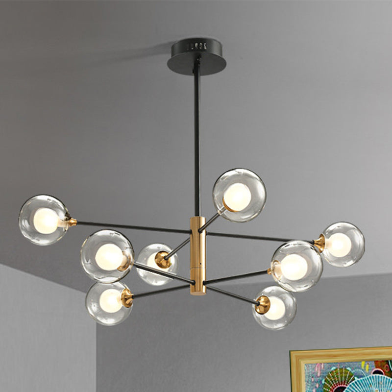 Modern Black & Gold 8-Light Pendant Chandelier With Clear Glass - Ball Living Room Hanging Lighting