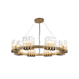 Modern Brass Chandelier With 24 Clear Glass Cylinder Shades