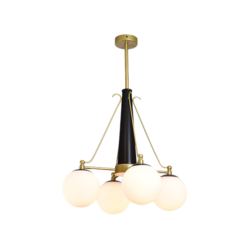 Frosted White Glass Pendant Chandelier - Modernist Sphere Design 4 Heads Brass And Black Finish