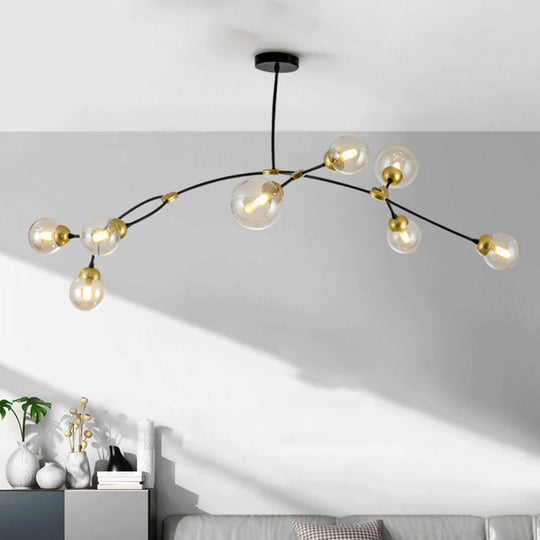 Modernist Amber Glass 8 Head Black Linear Pendant Lamp for Living Room Globe Ceiling Chandelier Black