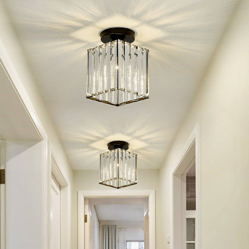 Modern Black Cube Flushmount Lighting With Clear Glass For Hallway - 1 Bulb Flush Mount Fixture