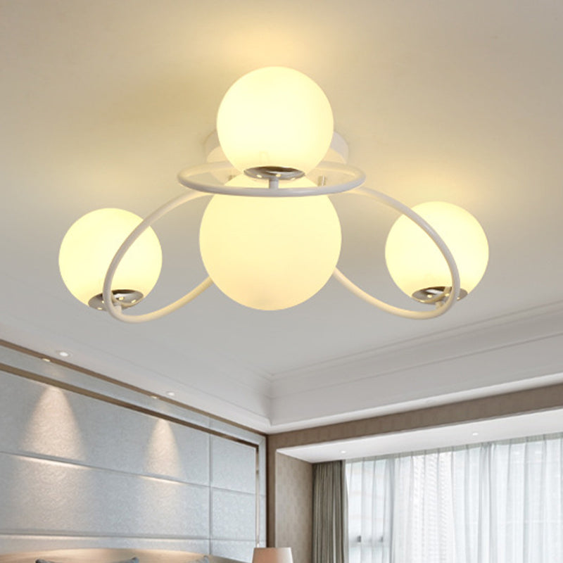 Modern White/Black Flush Mount Ceiling Light With Round Milk Glass Shade - 4-Bulb Bedroom Lighting