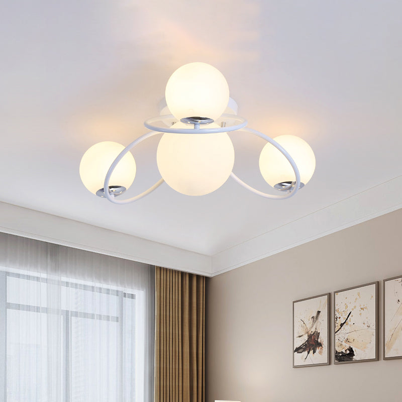 Modern White/Black Flush Mount Ceiling Light With Round Milk Glass Shade - 4 - Bulb Bedroom Lighting