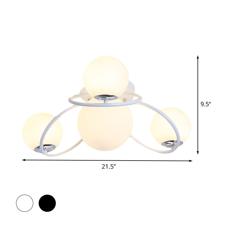 Modern White/Black Flush Mount Ceiling Light With Round Milk Glass Shade - 4 - Bulb Bedroom Lighting