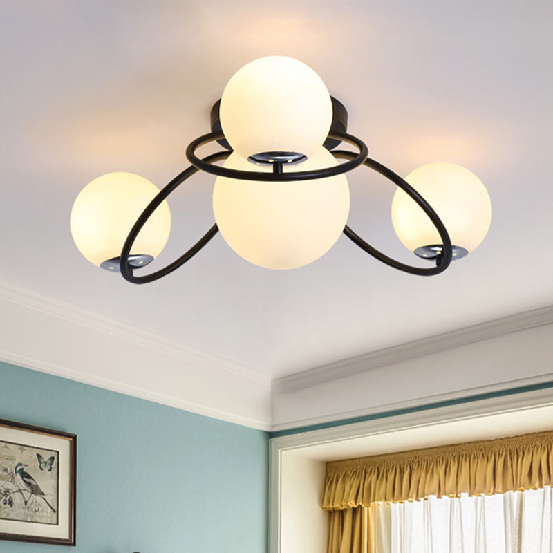 Modern White/Black Flush Mount Ceiling Light With Round Milk Glass Shade - 4 - Bulb Bedroom