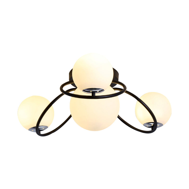 Modern White/Black Flush Mount Ceiling Light With Round Milk Glass Shade - 4-Bulb Bedroom Lighting