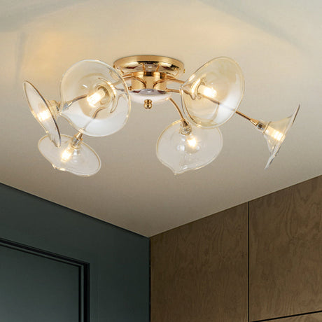 Modern Gold Semi Flush Light With Green/Clear Glass - 6 Bulbs For Living Room
