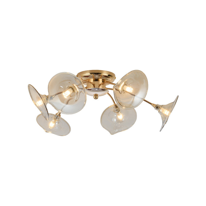 Modern Gold Semi Flush Light With Green/Clear Glass - 6 Bulbs For Living Room