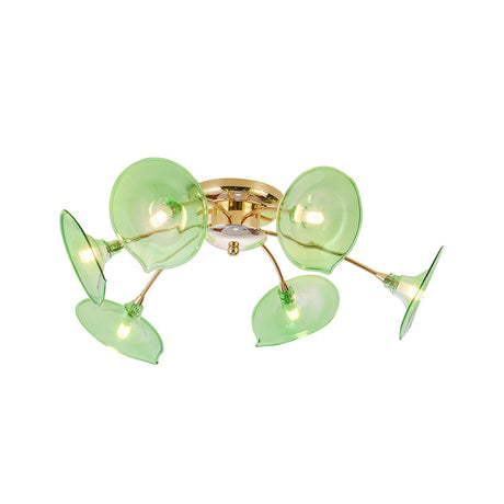 Modern Gold Semi Flush Light With Green/Clear Glass - 6 Bulbs For Living Room