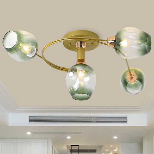 Spiral Semi Flush Mount Light - Modern Iron 4-Head Gold Ceiling Lamp With Green Dimpled Glass Shade
