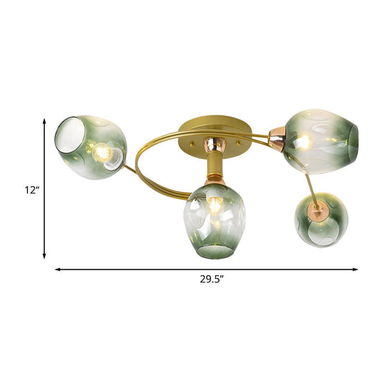 Spiral Semi Flush Mount Light - Modern Iron 4 - Head Gold Ceiling Lamp With Green Dimpled Glass