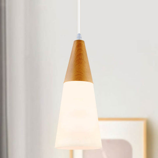 Modern White Glass Cone Pendant Light With Wood Cap - 1-Light Hanging Fixture