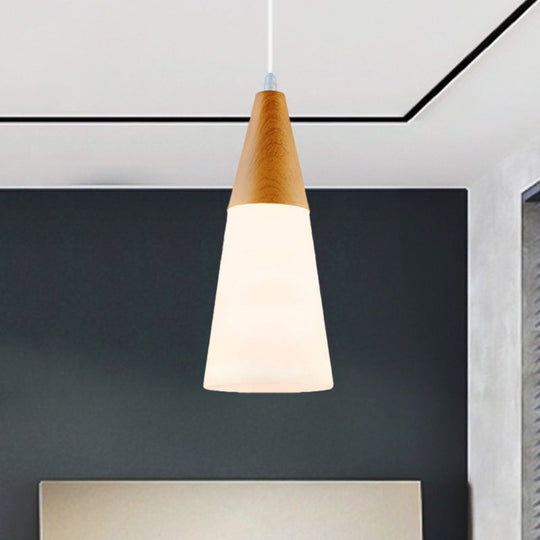 Modern Glass Cone Pendant Light With Wood Cap - White