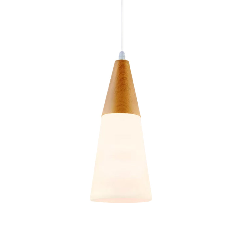 Modern White Glass Cone Pendant Light With Wood Cap - 1-Light Hanging Fixture