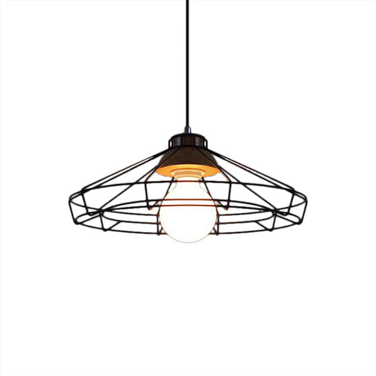 Retro Metal Pendant Light With Barrel/Cylinder Cage Shade - Bedroom Hanging Lamp In Black