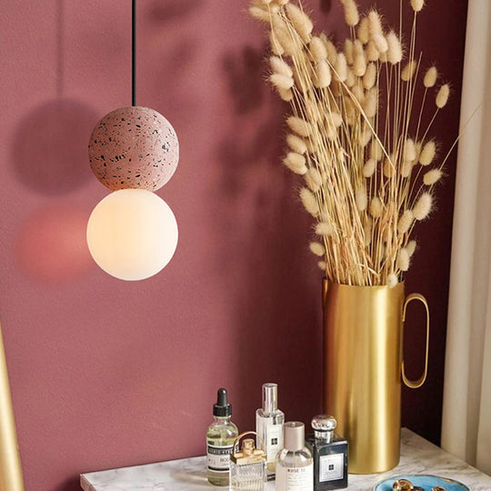 Modern Glass & Terrazzo Double Ball Pendant Light - Pink/Grey Pink