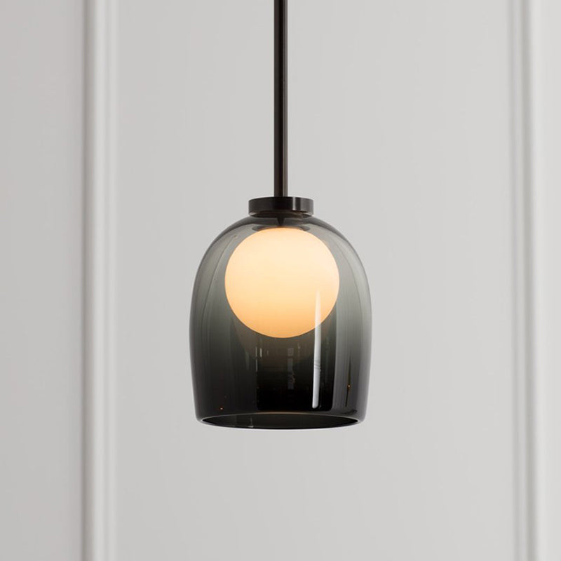 Modern Smoke Gray/Clear Glass Bell Pendant Light - 1-Light Dining Room Hanging Lamp Kit