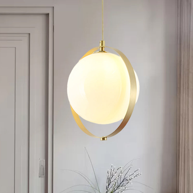 Modern White Glass Pendant Light Kit With Brass Ring - Globe Design