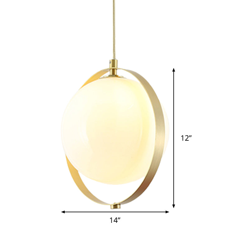 Modern White Glass Pendant Light Kit With Brass Ring - Globe Design