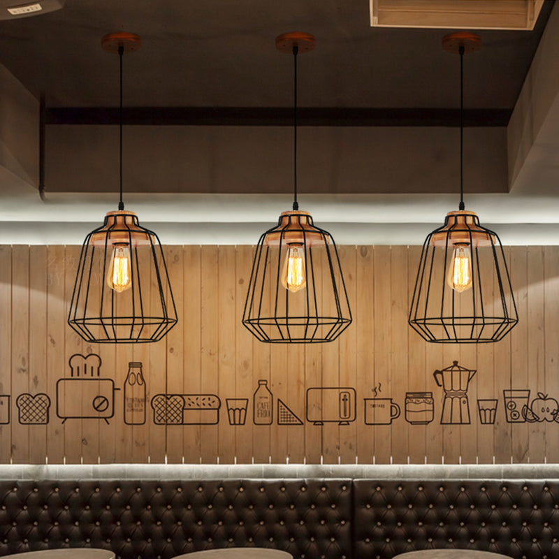 Retro Metal Pendant Light With Barrel/Cylinder Cage Shade - Bedroom Hanging Lamp In Black