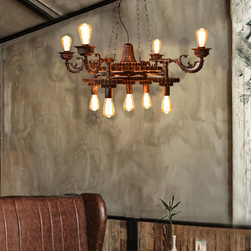 Vintage 9-Light Bronze Chandelier With Exposed Bulbs For Dining Room
