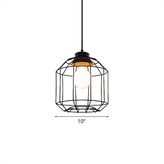 Vintage Black Hanging Pendant Light With Metal Cage Shade For Bedroom - Retro Style Lamp