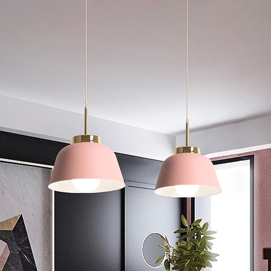 Macaron Style Pink Pendant Ceiling Lamp With Iron Shade - 1-Light Dining Room Lighting